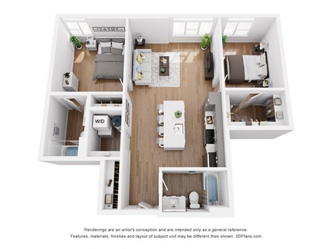 a stylized floor plan with a bedroom and a living room